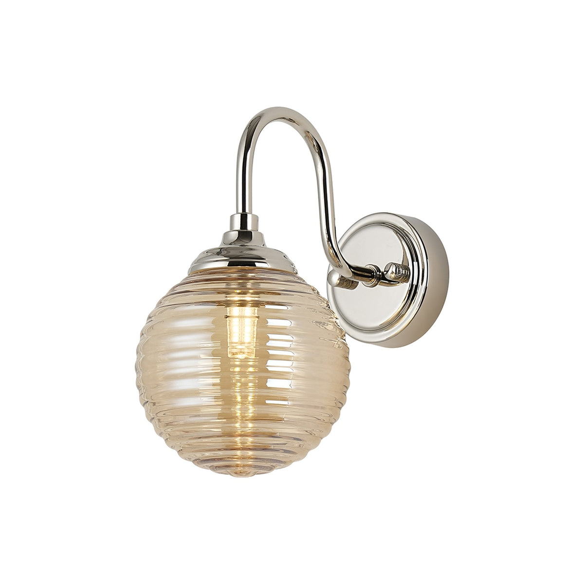 Loughton IP44 Curved Arm Wall Light in Polished Nickel with Ribbed Round Glass Amber Diffuser