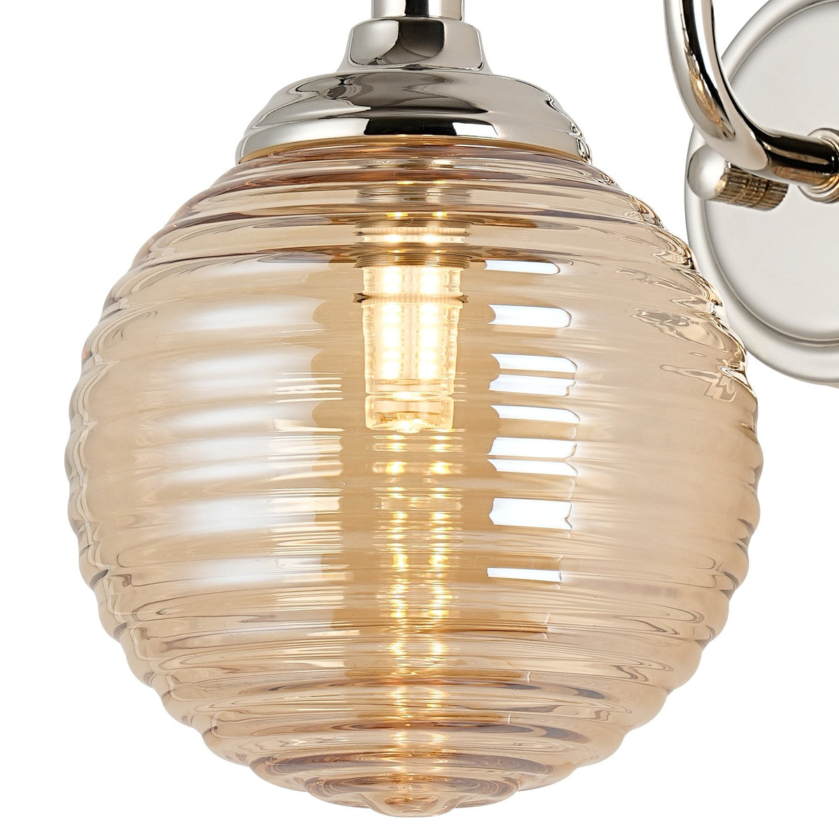 Loughton IP44 Curved Arm Wall Light in Polished Nickel with Ribbed Round Glass Amber Diffuser