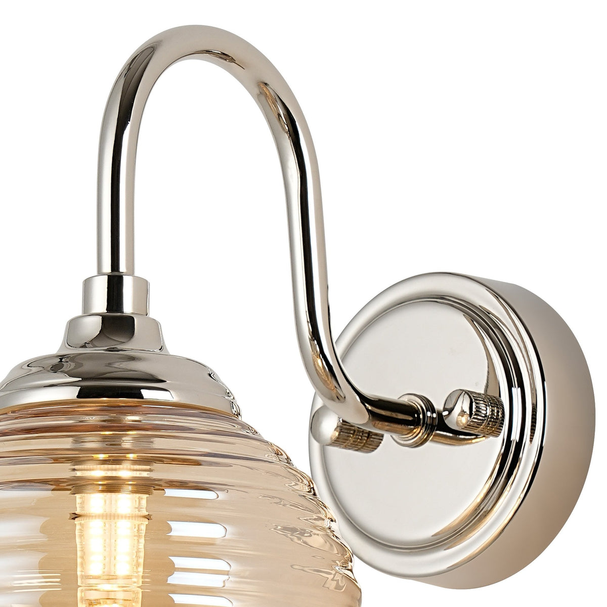 Loughton IP44 Curved Arm Wall Light in Polished Nickel with Ribbed Round Glass Amber Diffuser