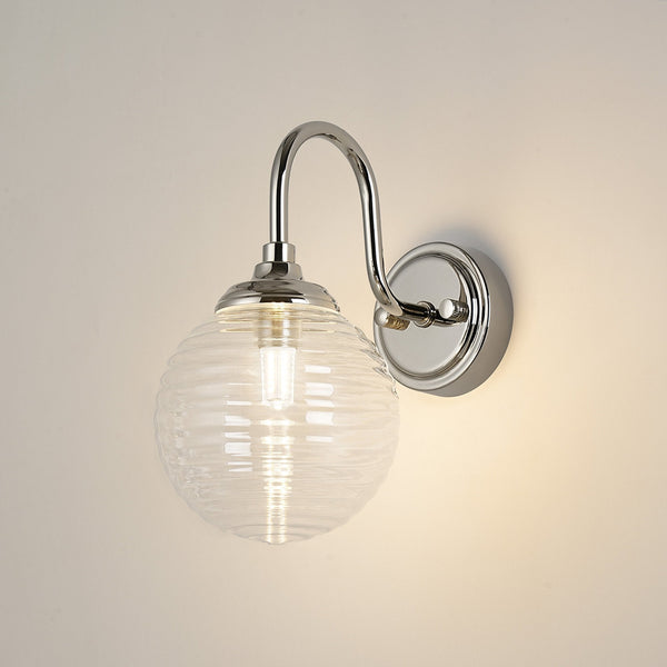 Loughton IP44 Curved Arm Wall Light in Polished Nickel with Ribbed Round Glass Clear Diffuser