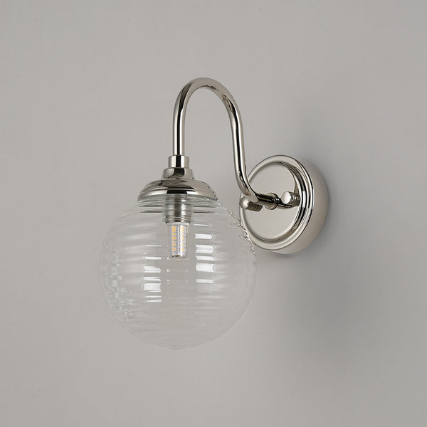 Loughton IP44 Curved Arm Wall Light in Polished Nickel with Ribbed Round Glass Clear Diffuser