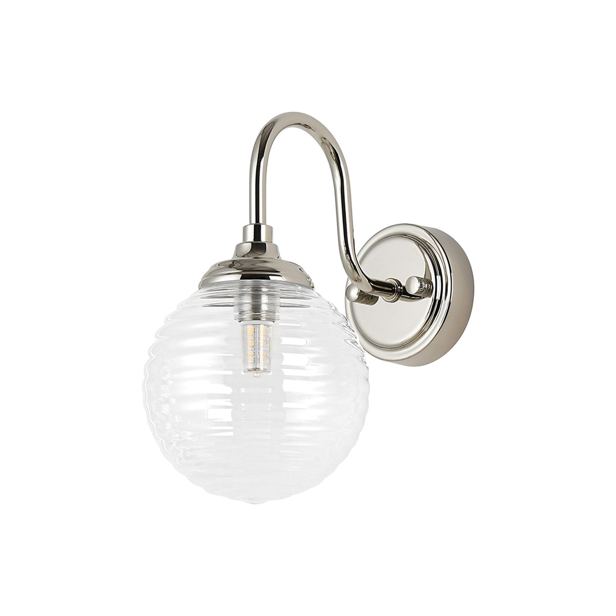 Loughton IP44 Curved Arm Wall Light in Polished Nickel with Ribbed Round Glass Clear Diffuser