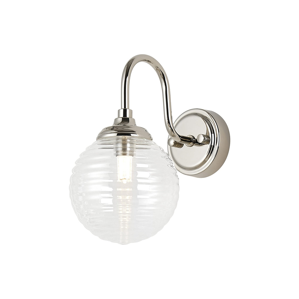 Loughton IP44 Curved Arm Wall Light in Polished Nickel with Ribbed Round Glass Clear Diffuser