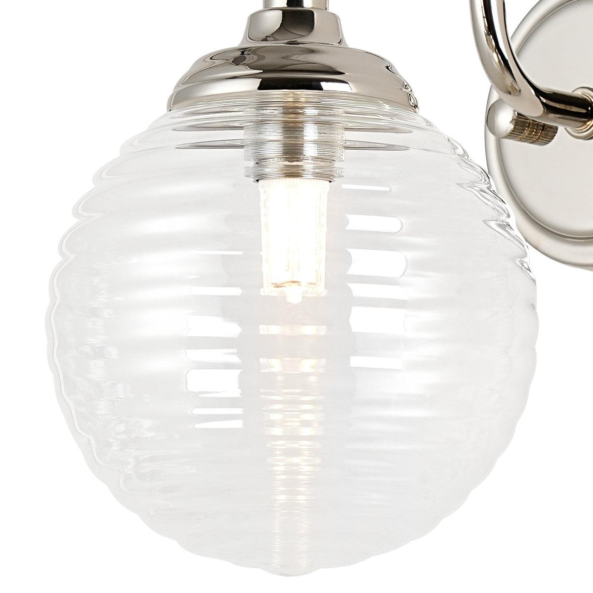 Loughton IP44 Curved Arm Wall Light in Polished Nickel with Ribbed Round Glass Clear Diffuser