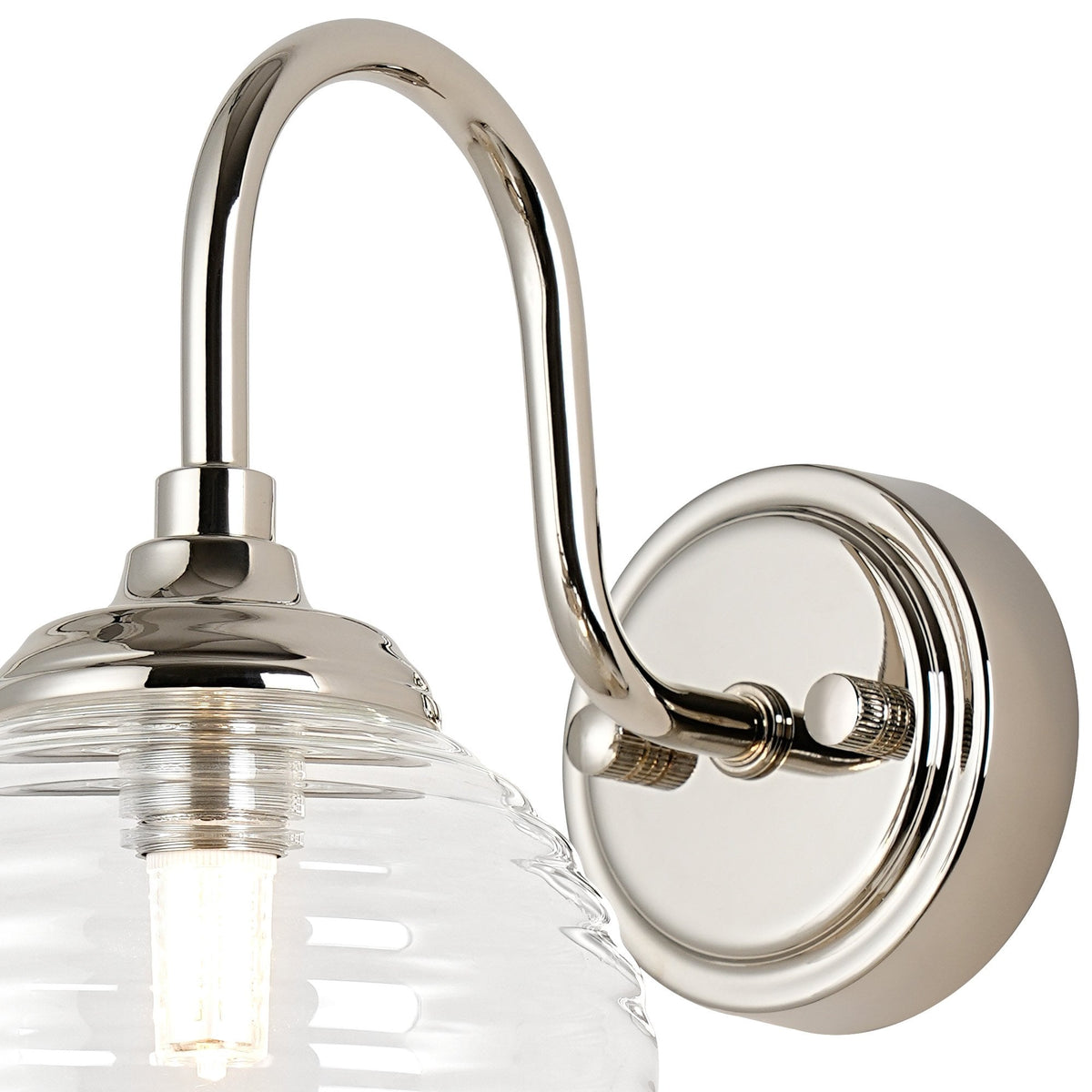 Loughton IP44 Curved Arm Wall Light in Polished Nickel with Ribbed Round Glass Clear Diffuser