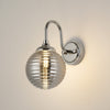 Loughton IP44 Curved Arm Wall Light in Polished Nickel with Ribbed Round Glass Smoked Diffuser