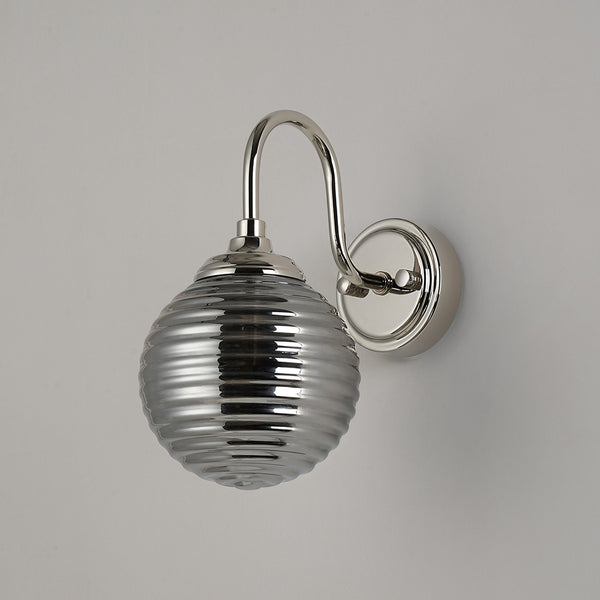 Loughton IP44 Curved Arm Wall Light in Polished Nickel with Ribbed Round Glass Smoked Diffuser