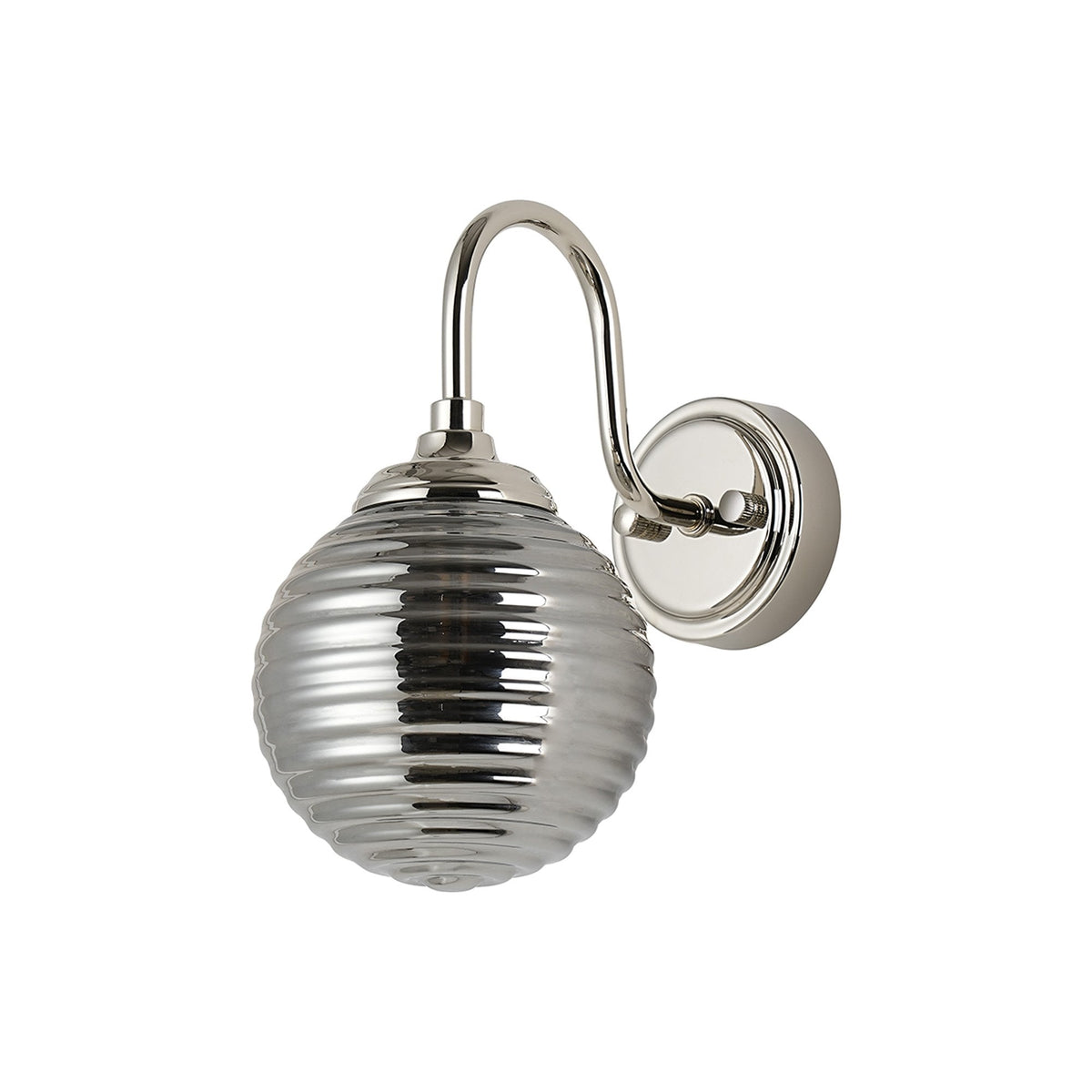 Loughton IP44 Curved Arm Wall Light in Polished Nickel with Ribbed Round Glass Smoked Diffuser