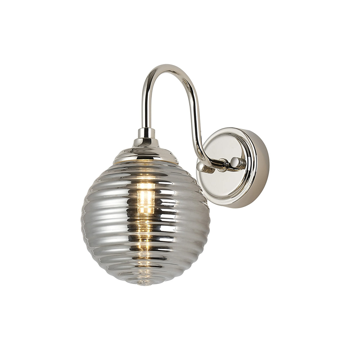 Loughton IP44 Curved Arm Wall Light in Polished Nickel with Ribbed Round Glass Smoked Diffuser