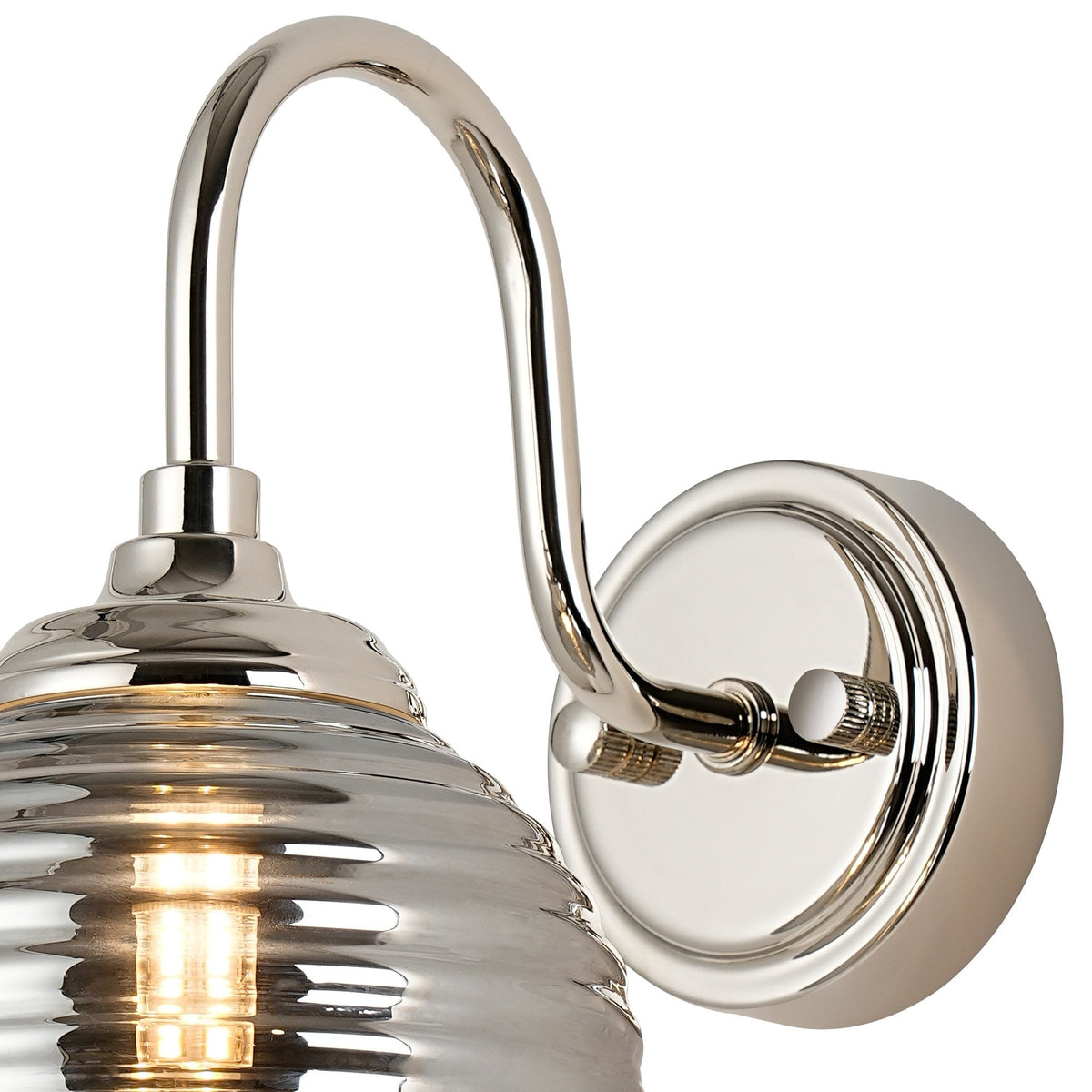 Loughton IP44 Curved Arm Wall Light in Polished Nickel with Ribbed Round Glass Smoked Diffuser