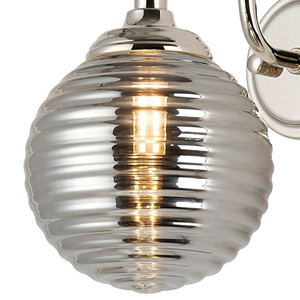 Loughton IP44 Curved Arm Wall Light in Polished Nickel with Ribbed Round Glass Smoked Diffuser