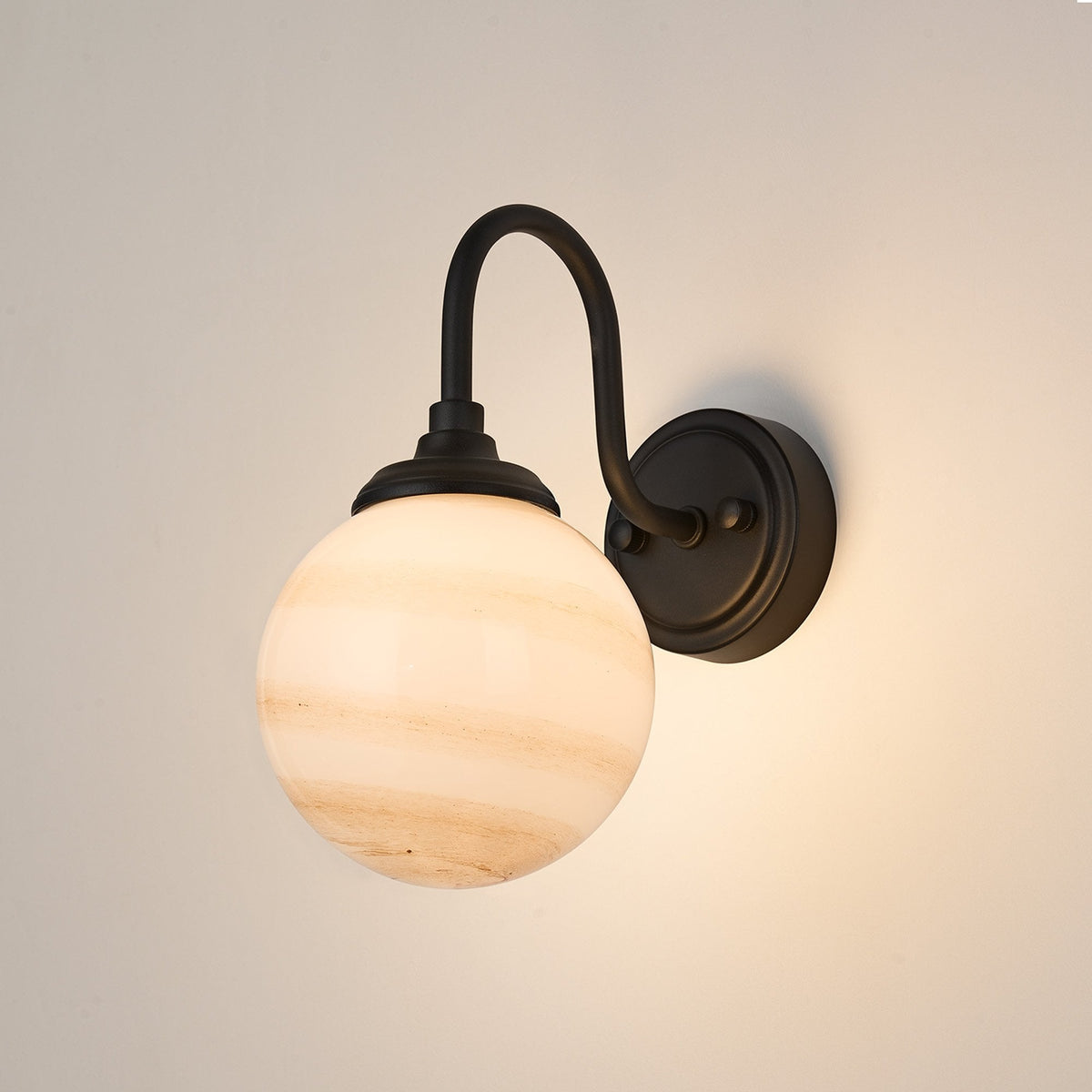 Loughton IP44 Curved Arm Wall Light in Satin Black with Round Glass Brown & White Marble Effect Diffuser