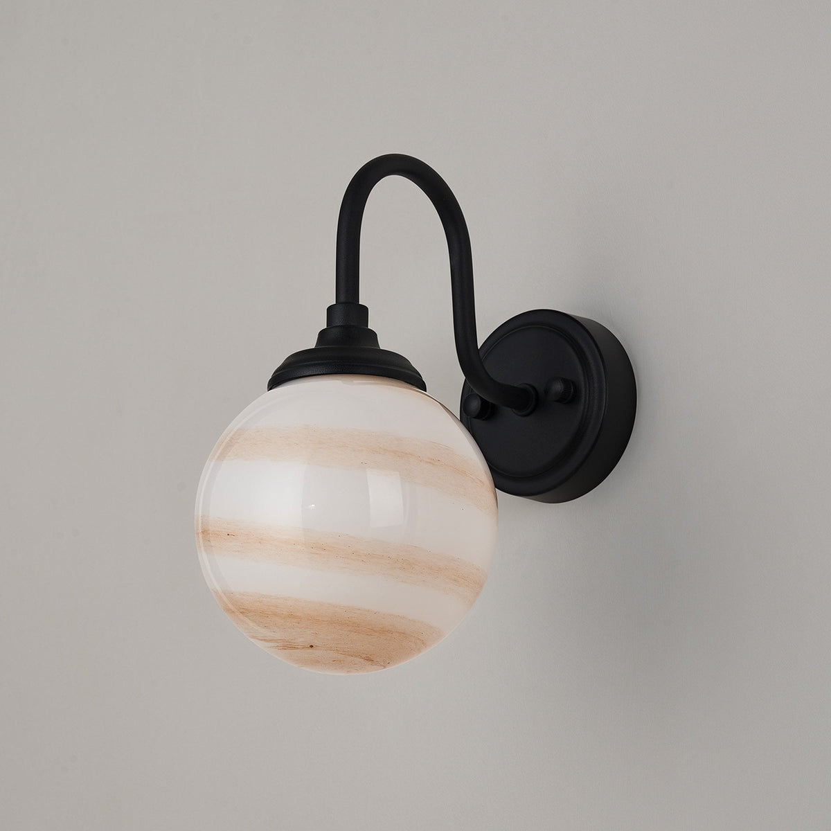 Loughton IP44 Curved Arm Wall Light in Satin Black with Round Glass Brown & White Marble Effect Diffuser