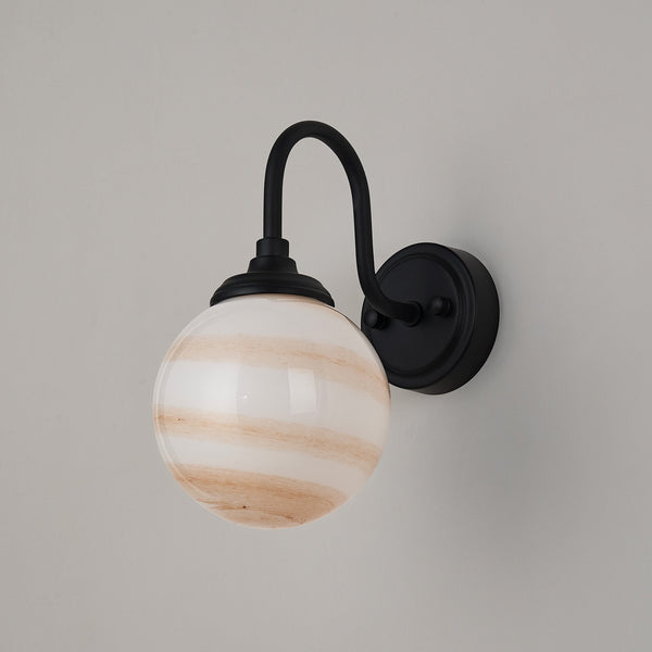 Loughton IP44 Curved Arm Wall Light in Satin Black with Round Glass Brown & White Marble Effect Diffuser