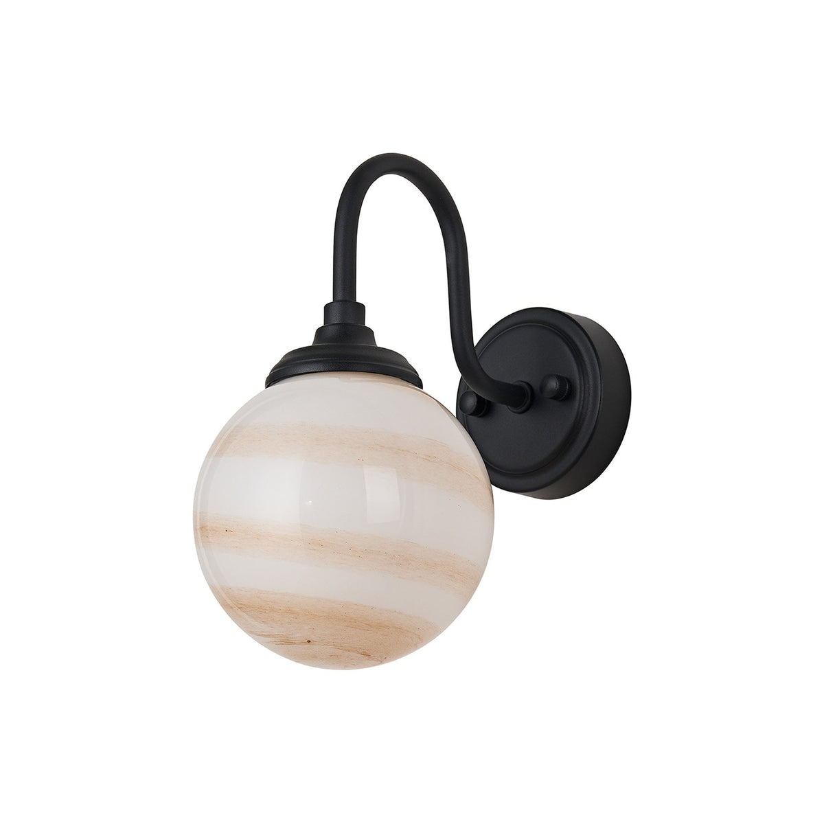 Loughton IP44 Curved Arm Wall Light in Satin Black with Round Glass Brown & White Marble Effect Diffuser