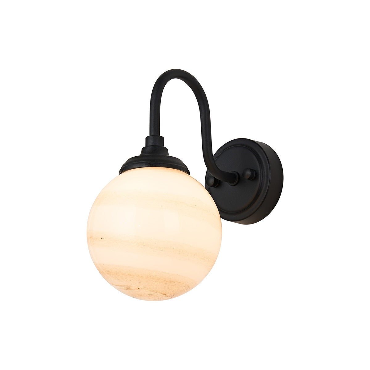 Loughton IP44 Curved Arm Wall Light in Satin Black with Round Glass Brown & White Marble Effect Diffuser