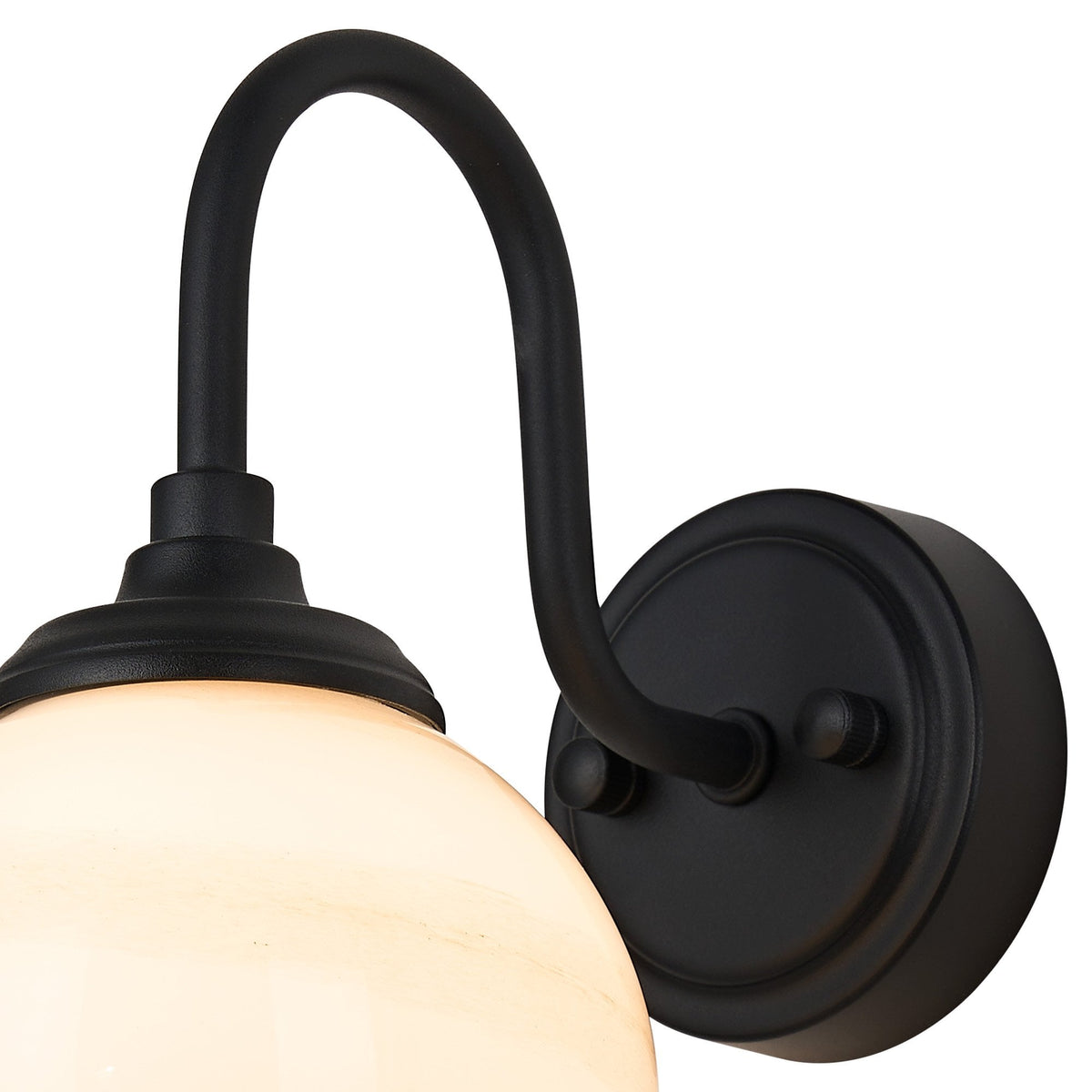 Loughton IP44 Curved Arm Wall Light in Satin Black with Round Glass Brown & White Marble Effect Diffuser