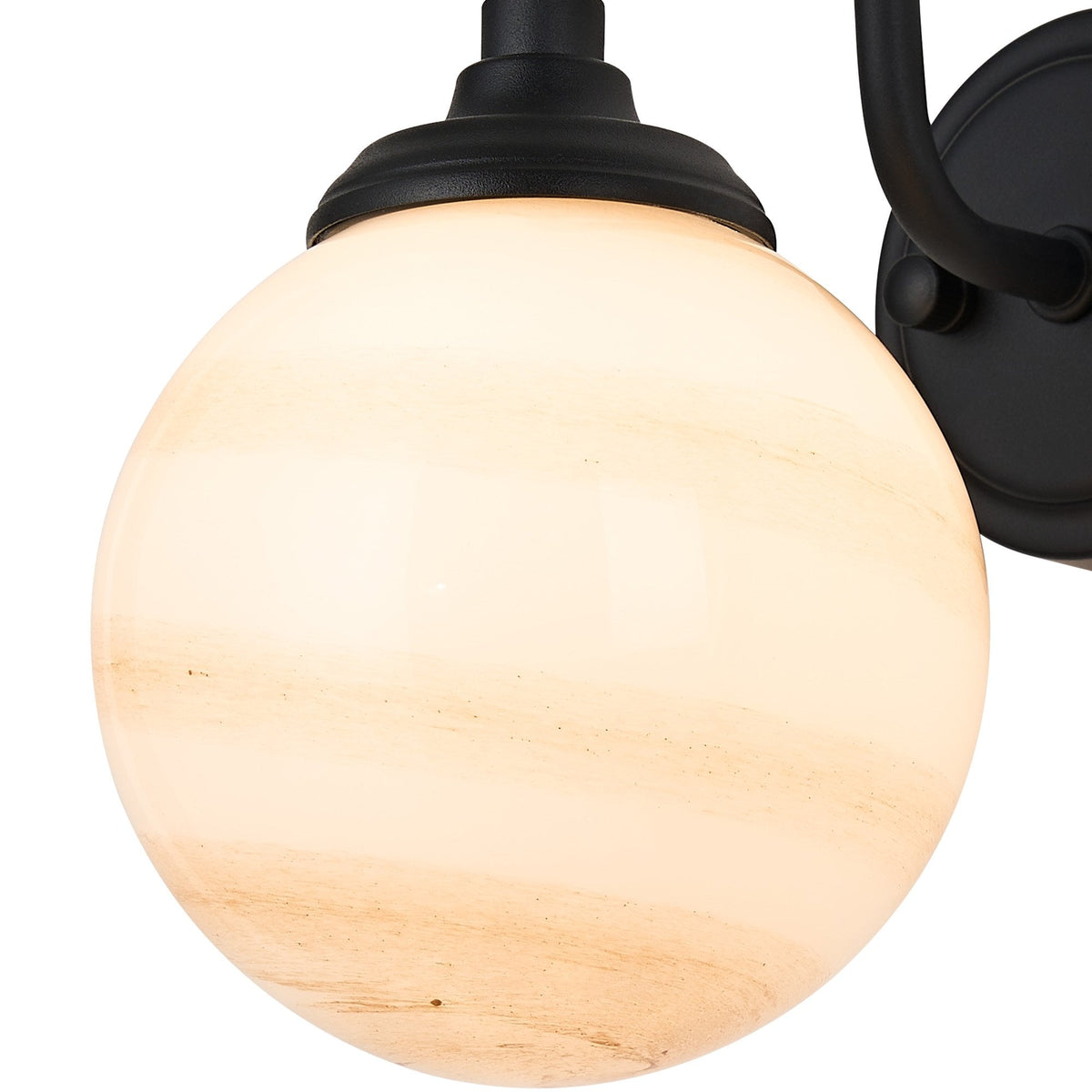 Loughton IP44 Curved Arm Wall Light in Satin Black with Round Glass Brown & White Marble Effect Diffuser