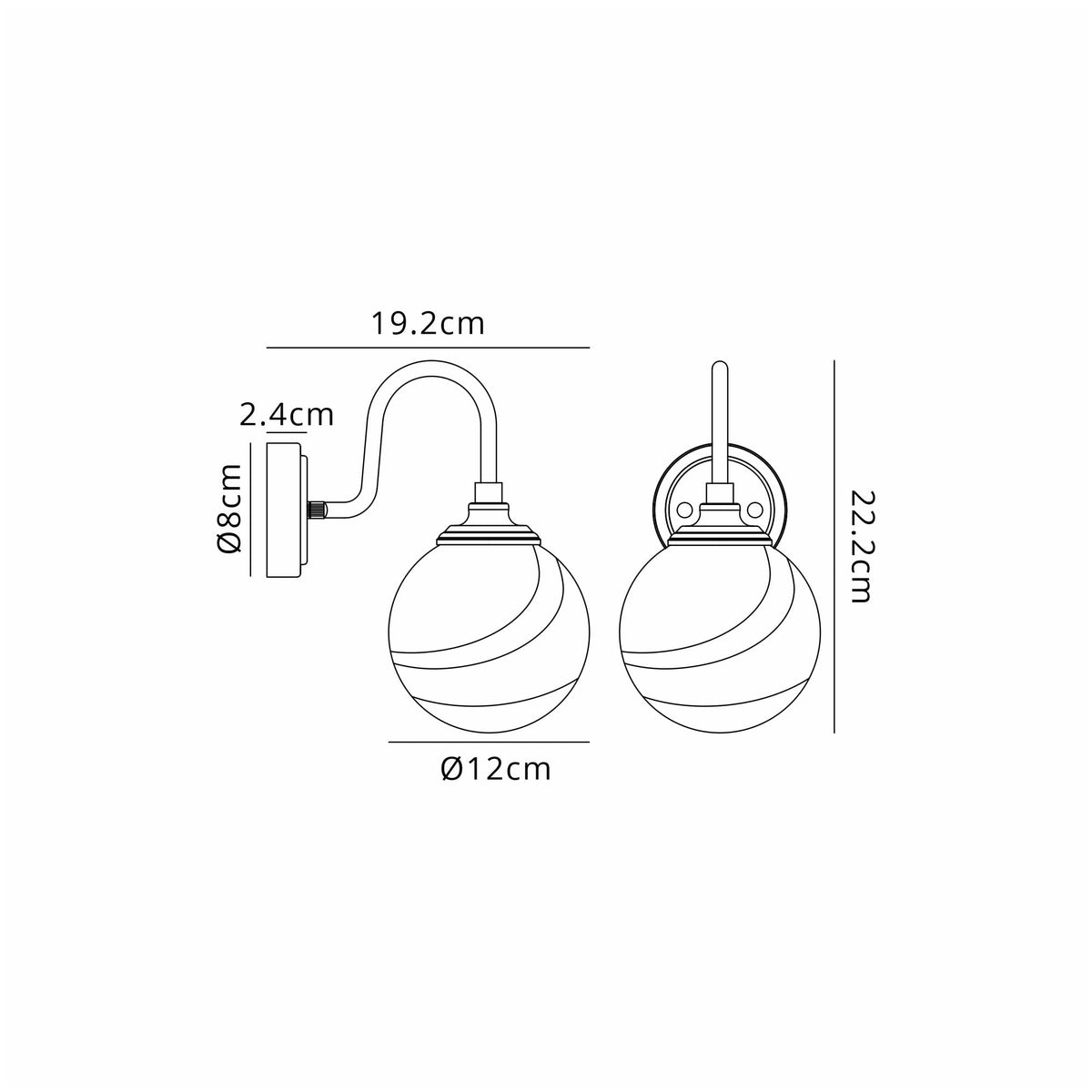 Loughton IP44 Curved Arm Wall Light in Satin Black with Round Glass Brown & White Marble Effect Diffuser