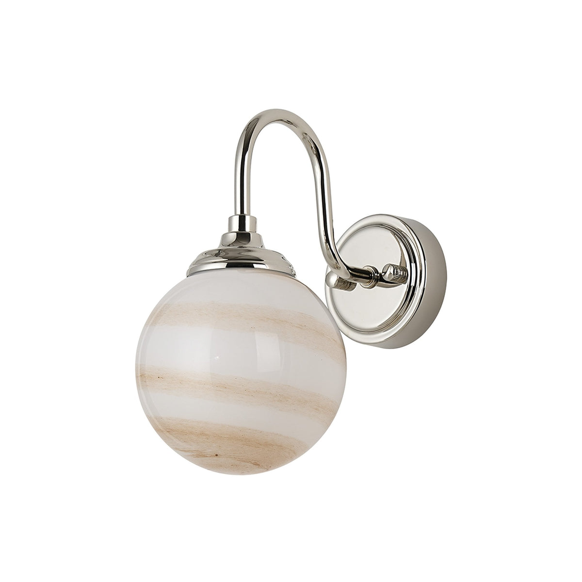 Loughton IP44 Curved Arm Wall Light in Polished Nickel with Round Glass Brown & White Marble Effect Diffuser