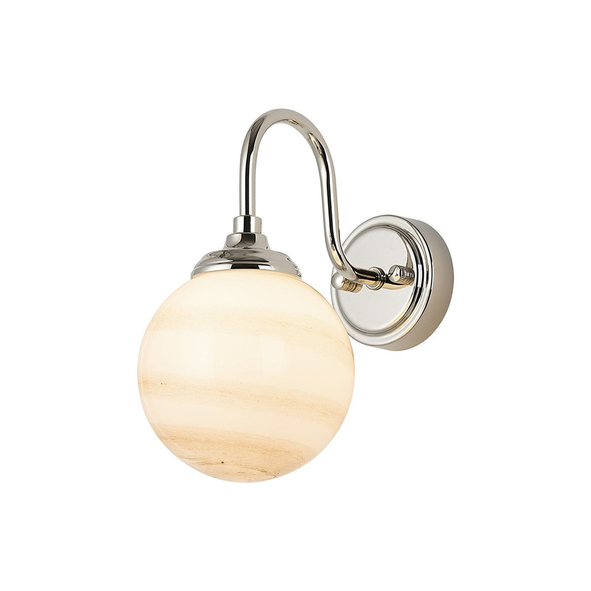 Loughton IP44 Curved Arm Wall Light in Polished Nickel with Round Glass Brown & White Marble Effect Diffuser