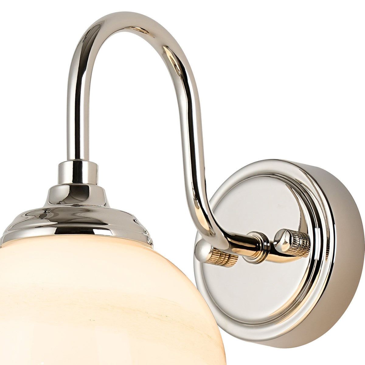 Loughton IP44 Curved Arm Wall Light in Polished Nickel with Round Glass Brown & White Marble Effect Diffuser