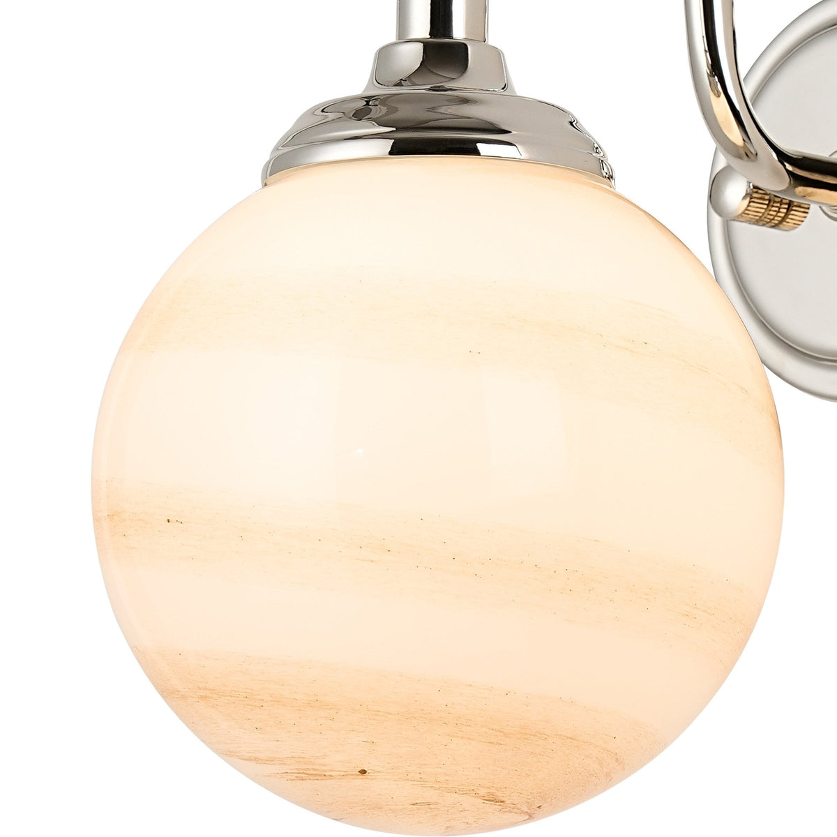 Loughton IP44 Curved Arm Wall Light in Polished Nickel with Round Glass Brown & White Marble Effect Diffuser