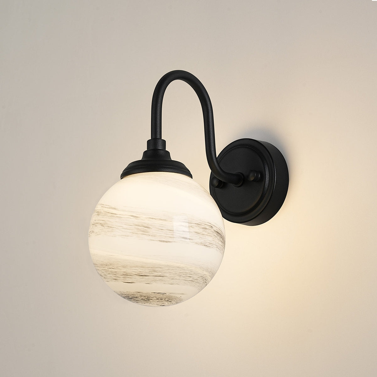 Loughton IP44 Curved Arm Wall Light in Satin Black with Round Glass Grey & White Marble Effect Diffuser