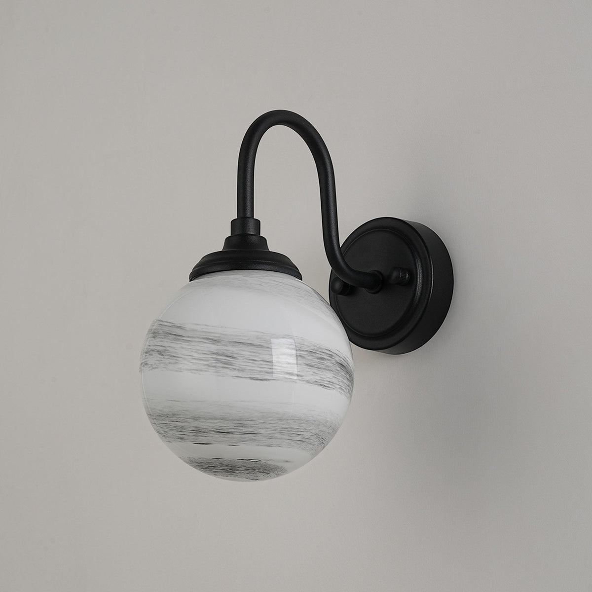 Loughton IP44 Curved Arm Wall Light in Satin Black with Round Glass Grey & White Marble Effect Diffuser