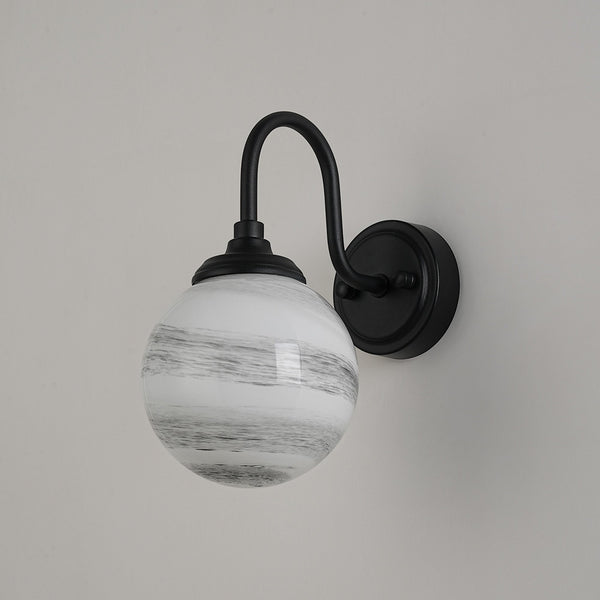 Loughton IP44 Curved Arm Wall Light in Satin Black with Round Glass Grey & White Marble Effect Diffuser