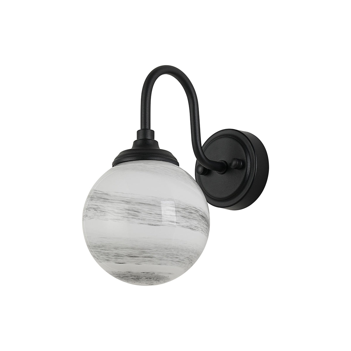 Loughton IP44 Curved Arm Wall Light in Satin Black with Round Glass Grey & White Marble Effect Diffuser