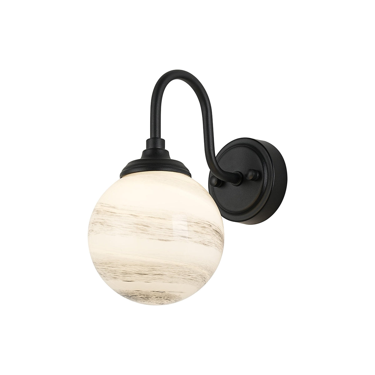 Loughton IP44 Curved Arm Wall Light in Satin Black with Round Glass Grey & White Marble Effect Diffuser