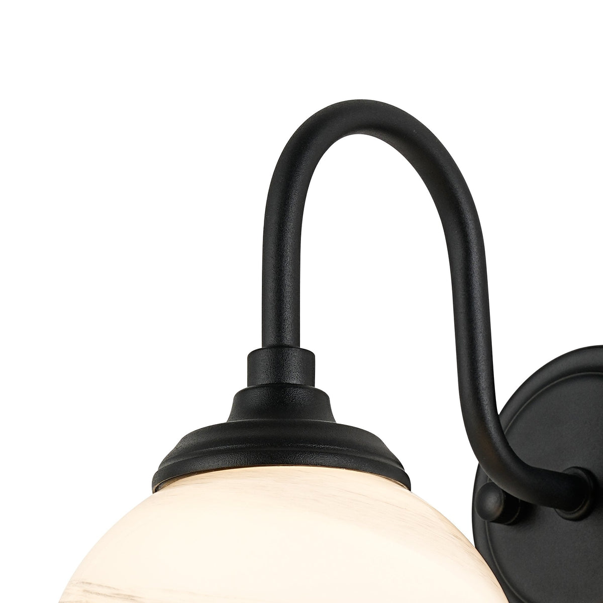 Loughton IP44 Curved Arm Wall Light in Satin Black with Round Glass Grey & White Marble Effect Diffuser