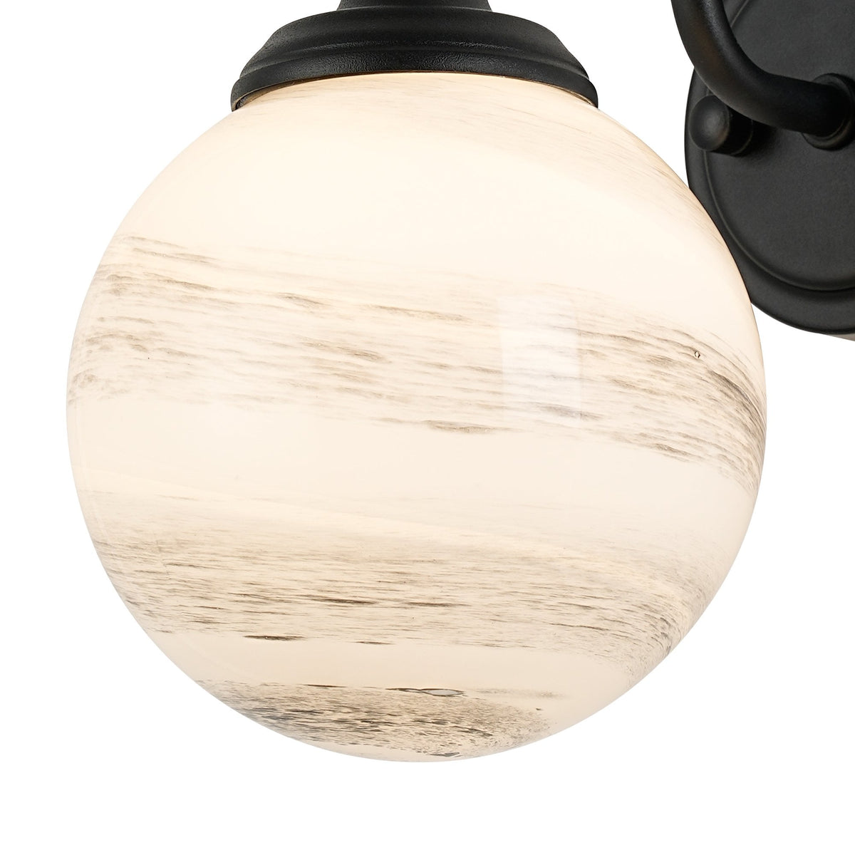 Loughton IP44 Curved Arm Wall Light in Satin Black with Round Glass Grey & White Marble Effect Diffuser