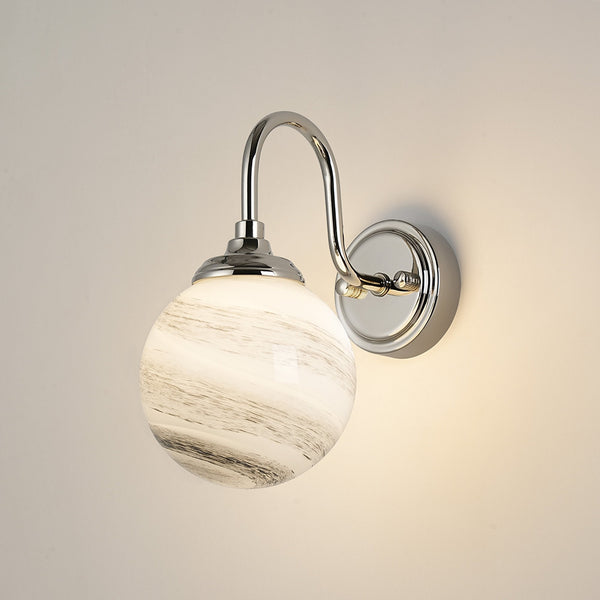 Loughton IP44 Curved Arm Wall Light in Polished Nickel with Round Glass Grey & White Marble Effect Diffuser