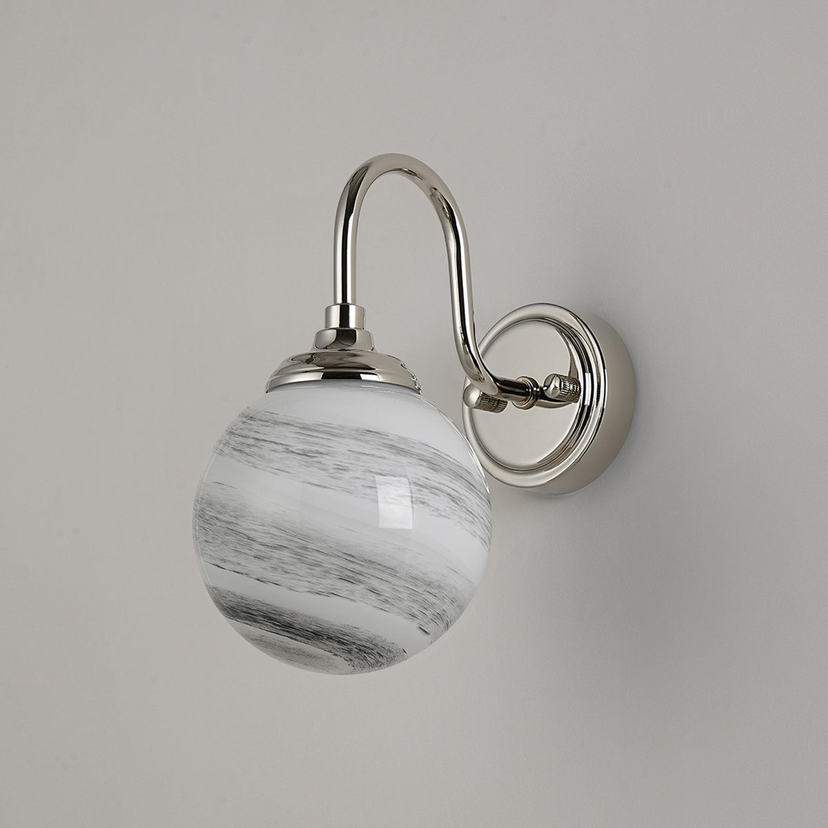 Loughton IP44 Curved Arm Wall Light in Polished Nickel with Round Glass Grey & White Marble Effect Diffuser