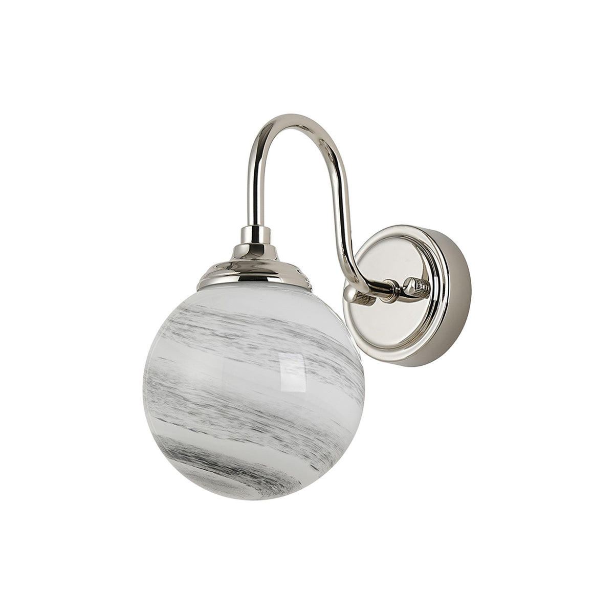 Loughton IP44 Curved Arm Wall Light in Polished Nickel with Round Glass Grey & White Marble Effect Diffuser
