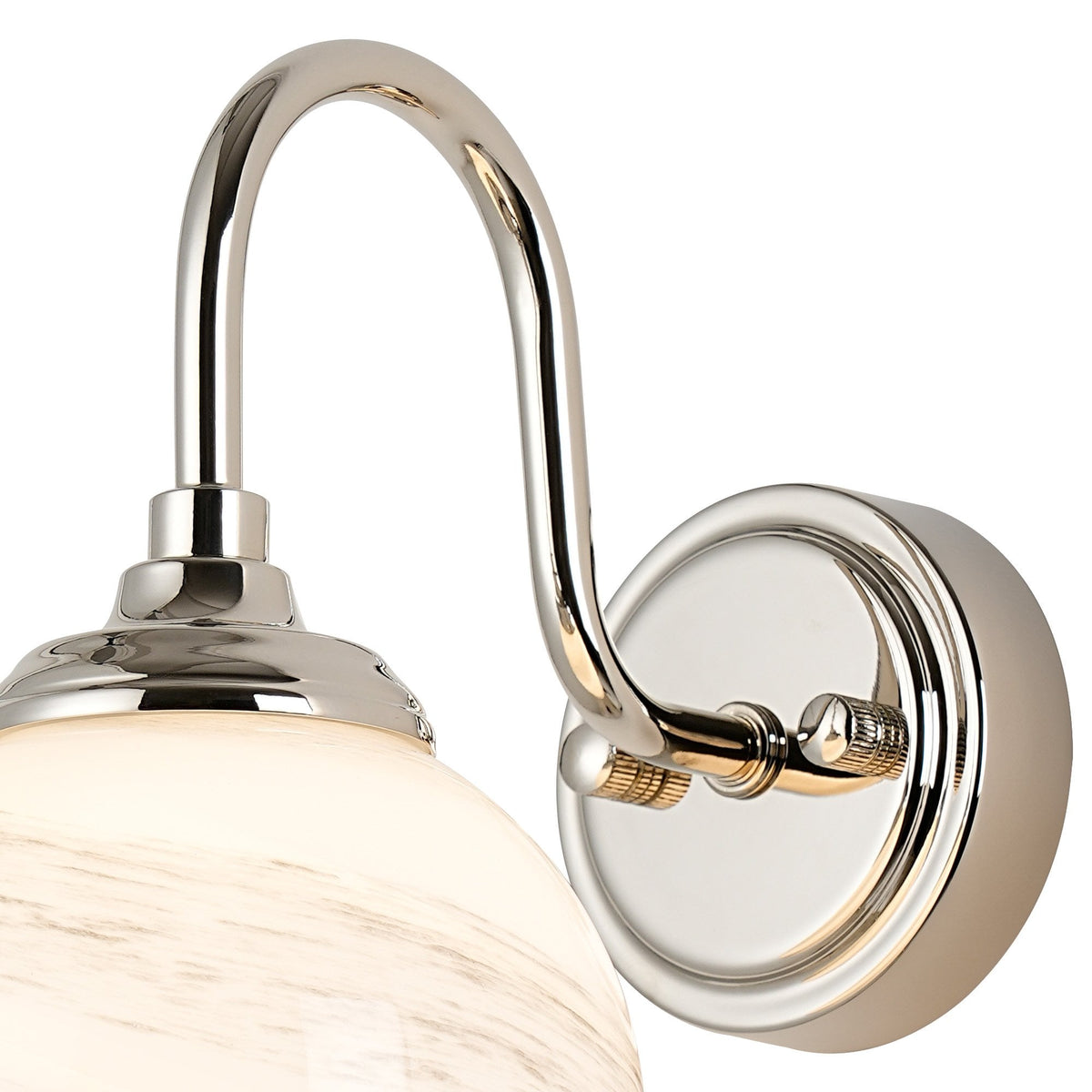 Loughton IP44 Curved Arm Wall Light in Polished Nickel with Round Glass Grey & White Marble Effect Diffuser