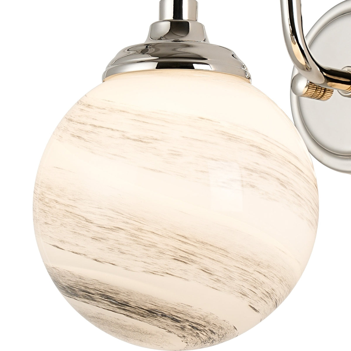 Loughton IP44 Curved Arm Wall Light in Polished Nickel with Round Glass Grey & White Marble Effect Diffuser