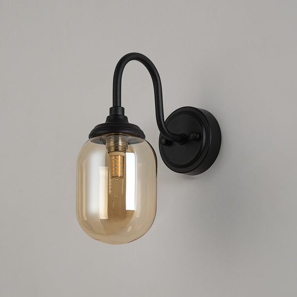 Loughton IP44 Curved Arm Wall Light in Satin Black with Smooth Tubular Glass Amber Diffuser