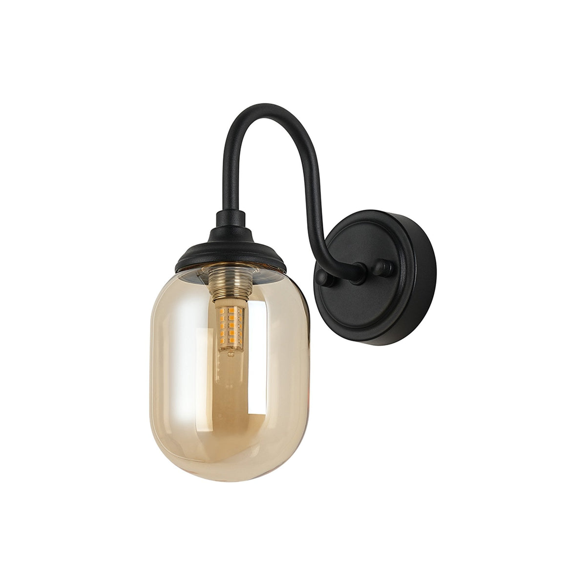 Loughton IP44 Curved Arm Wall Light in Satin Black with Smooth Tubular Glass Amber Diffuser
