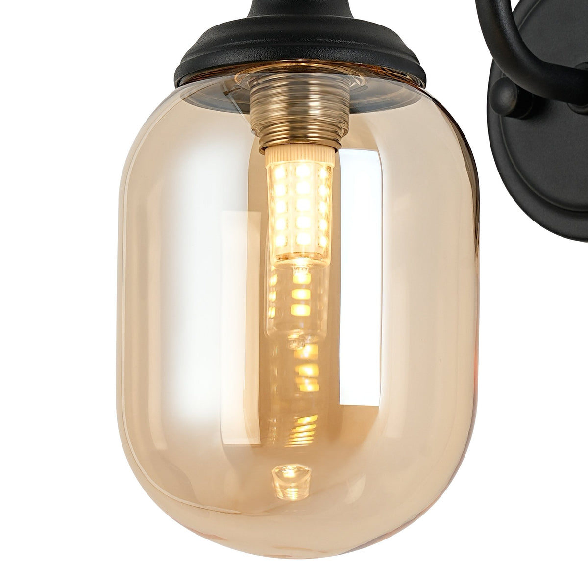 Loughton IP44 Curved Arm Wall Light in Satin Black with Smooth Tubular Glass Amber Diffuser