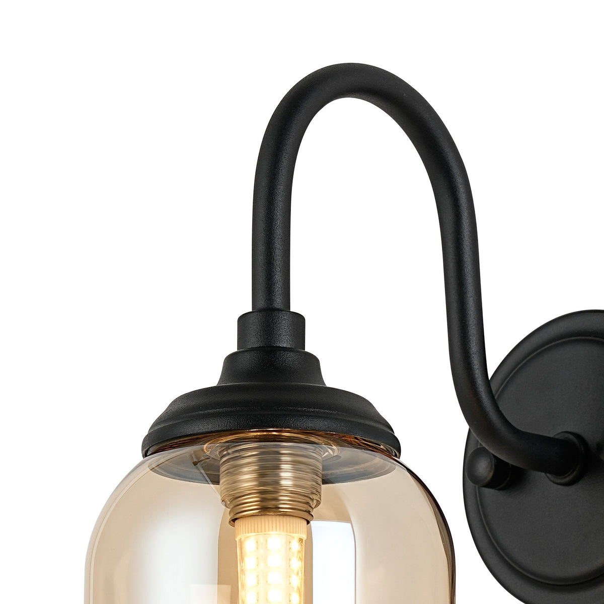 Loughton IP44 Curved Arm Wall Light in Satin Black with Smooth Tubular Glass Amber Diffuser