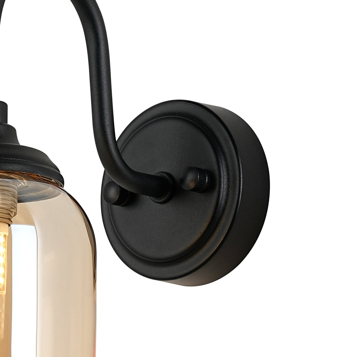 Loughton IP44 Curved Arm Wall Light in Satin Black with Smooth Tubular Glass Amber Diffuser