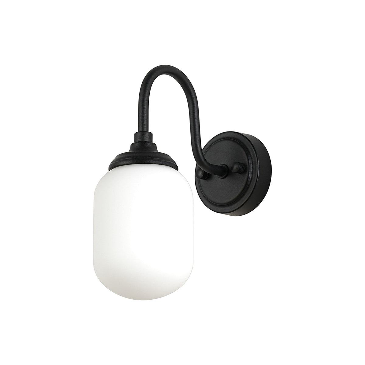 Loughton IP44 Curved Arm Wall Light in Satin Black with Smooth Tubular Glass Opal Diffuser