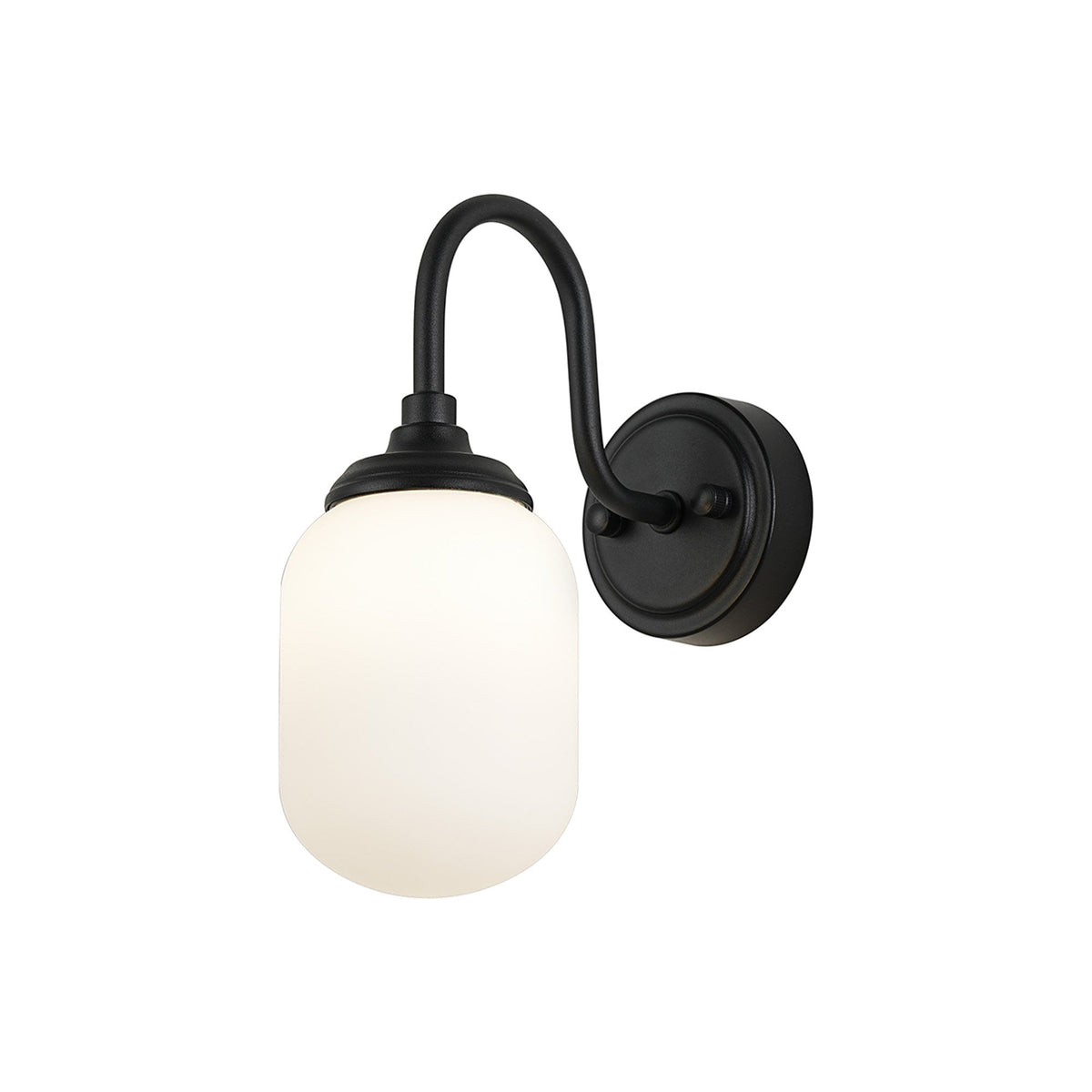 Loughton IP44 Curved Arm Wall Light in Satin Black with Smooth Tubular Glass Opal Diffuser