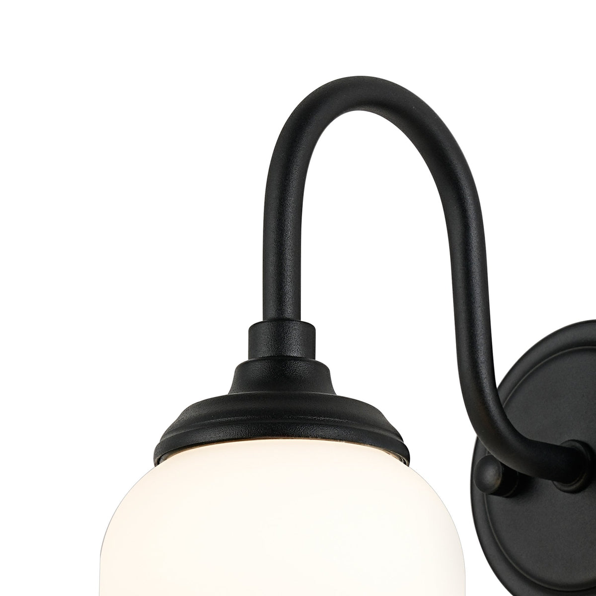 Loughton IP44 Curved Arm Wall Light in Satin Black with Smooth Tubular Glass Opal Diffuser