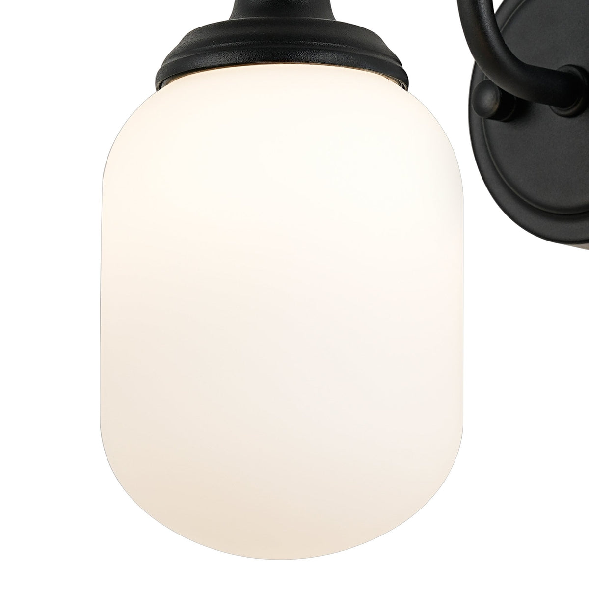 Loughton IP44 Curved Arm Wall Light in Satin Black with Smooth Tubular Glass Opal Diffuser