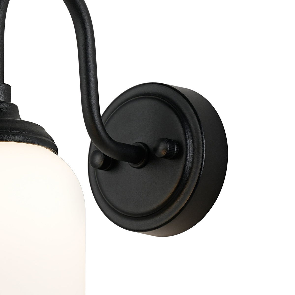 Loughton IP44 Curved Arm Wall Light in Satin Black with Smooth Tubular Glass Opal Diffuser
