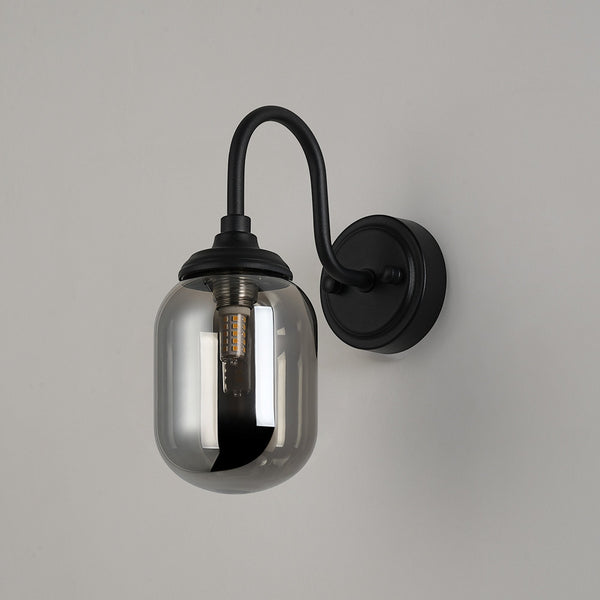 Loughton IP44 Curved Arm Wall Light in Satin Black with Smooth Tubular Glass Smoked Diffuser